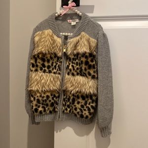 Girls zip u cardigan with fur detail
